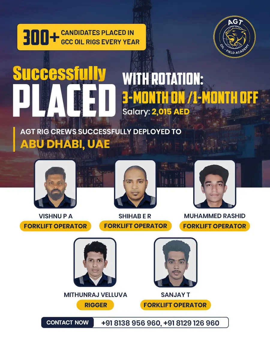 AGT placement announcement: rig crew deployed to Abu Dhabi, UAE — Vishnu P A, Shihab E R, Muhammed Rashid, Mithunraj Velluva, Sanjay T